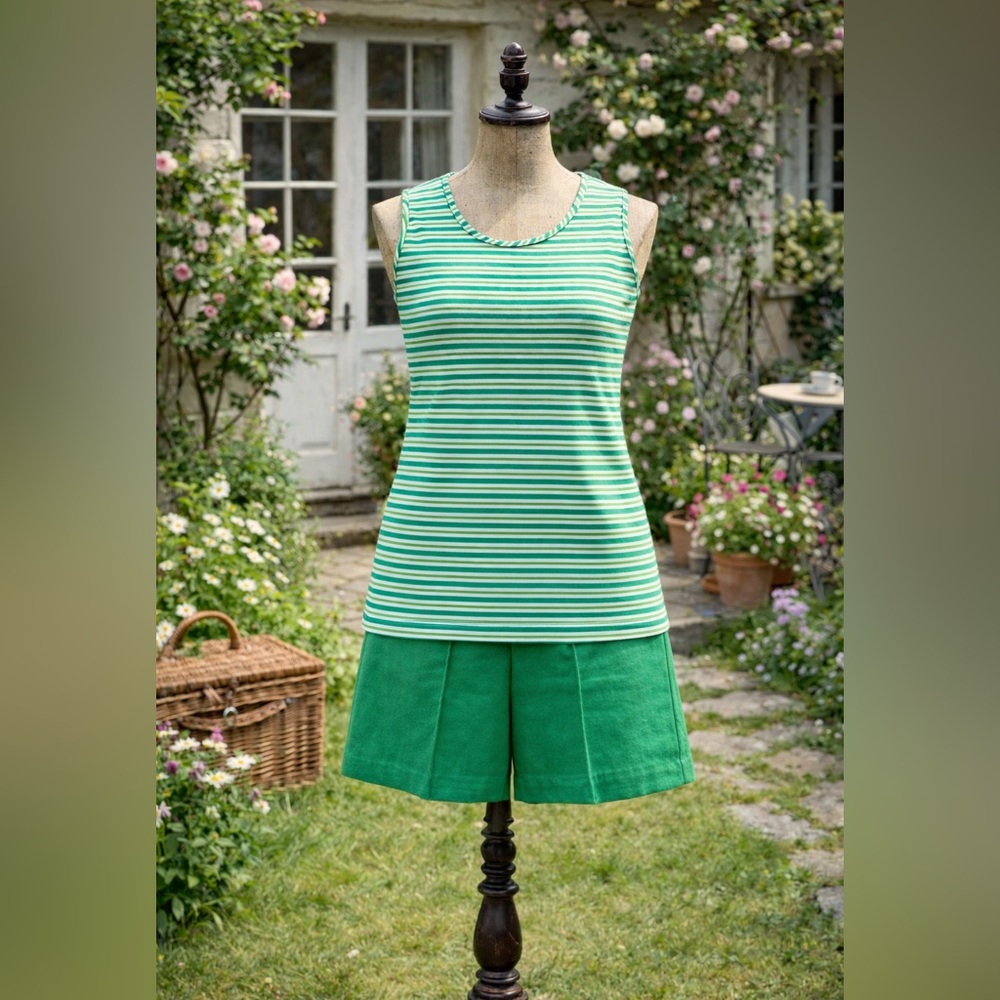 Vintage 1970s Green Striped Sleeveless Top and Shorts Set